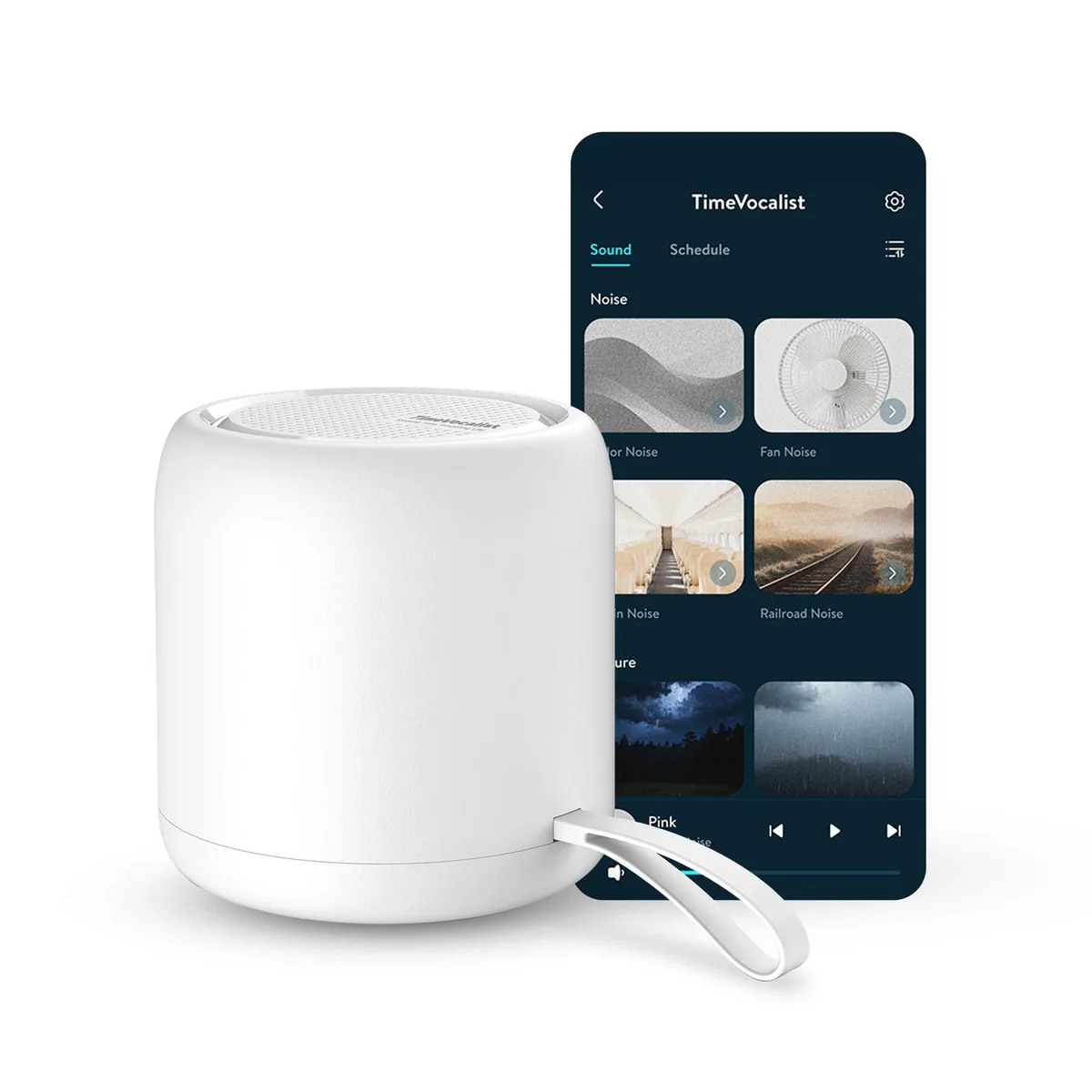 SAMSUNG OSWN01 White Noise Sound Machine & Alarm Clock, Off-white, 24 sounds, 100 volume levels, 35h battery — product photo