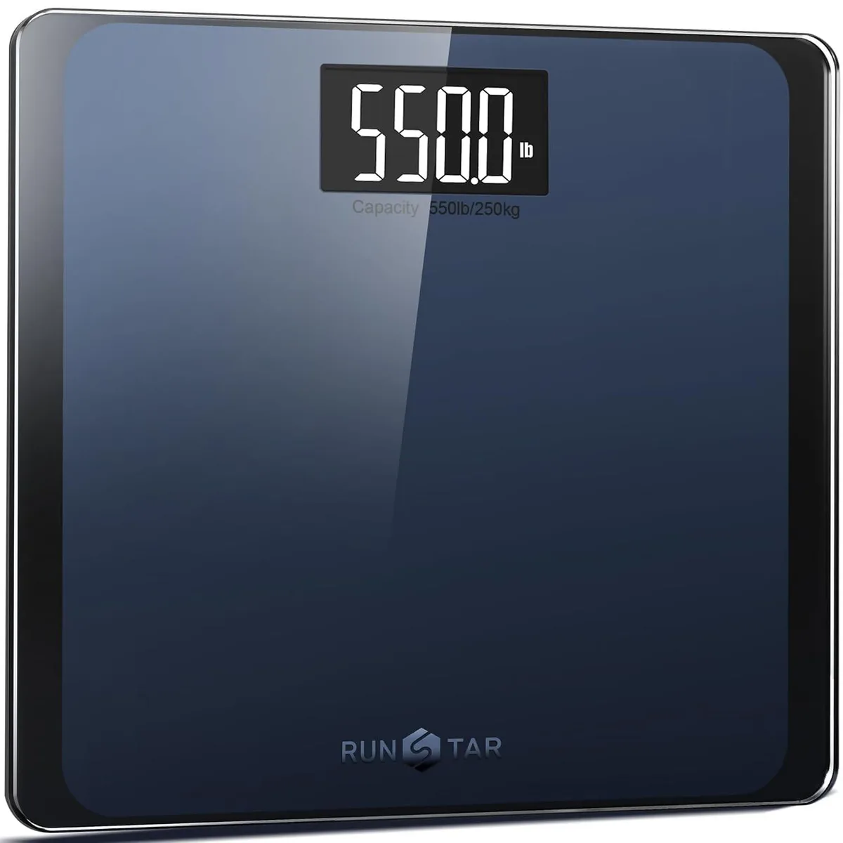 Black digital bathroom scale with wide tempered glass platform and large LCD display