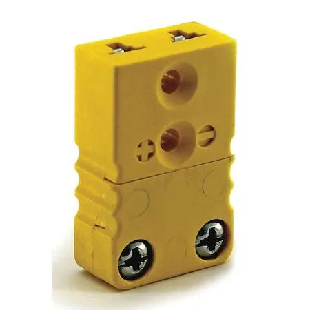 Yellow Type K thermocouple jack with flat pins and glass-filled thermoplastic body