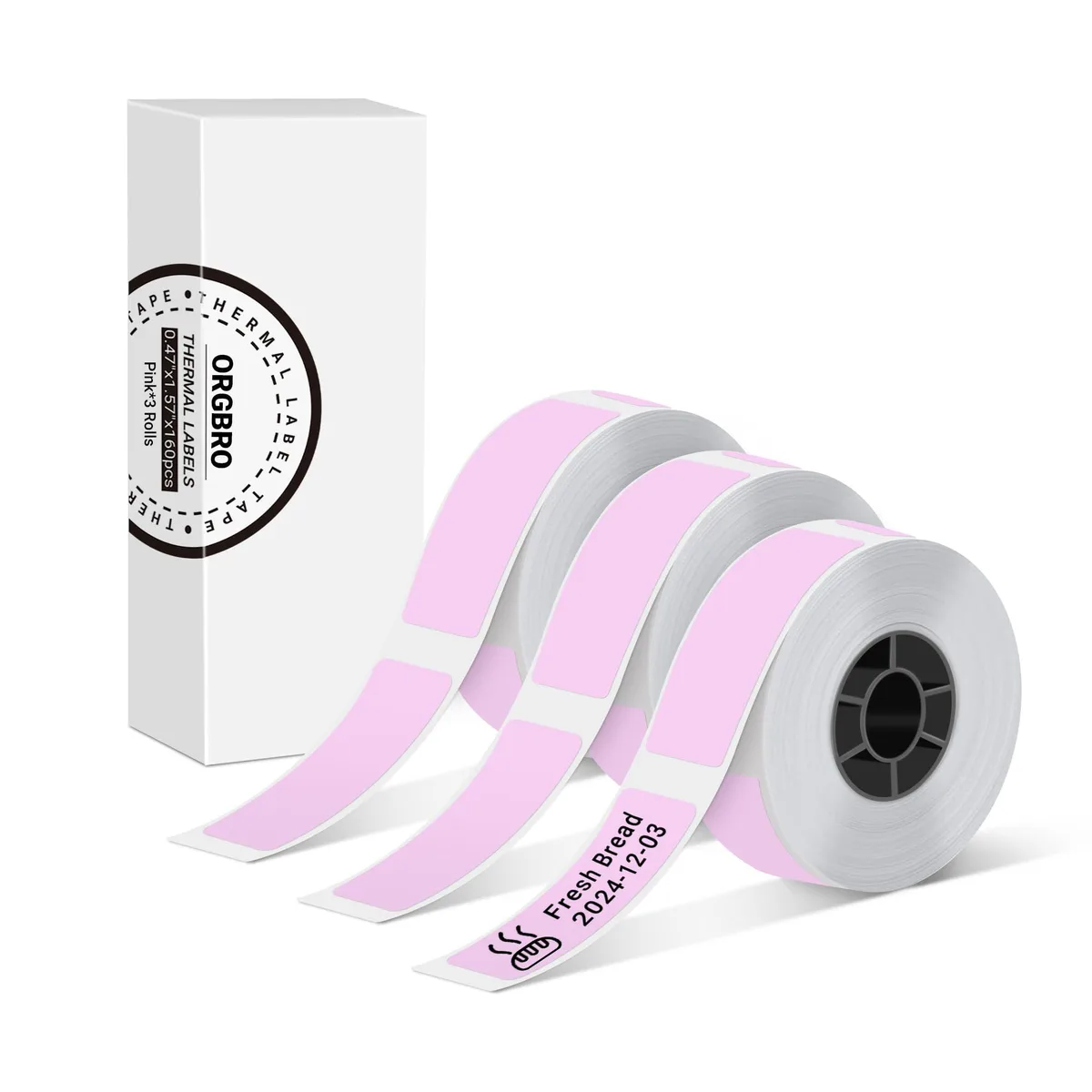 Three rolls of pink thermal label tape in white plastic cassettes
