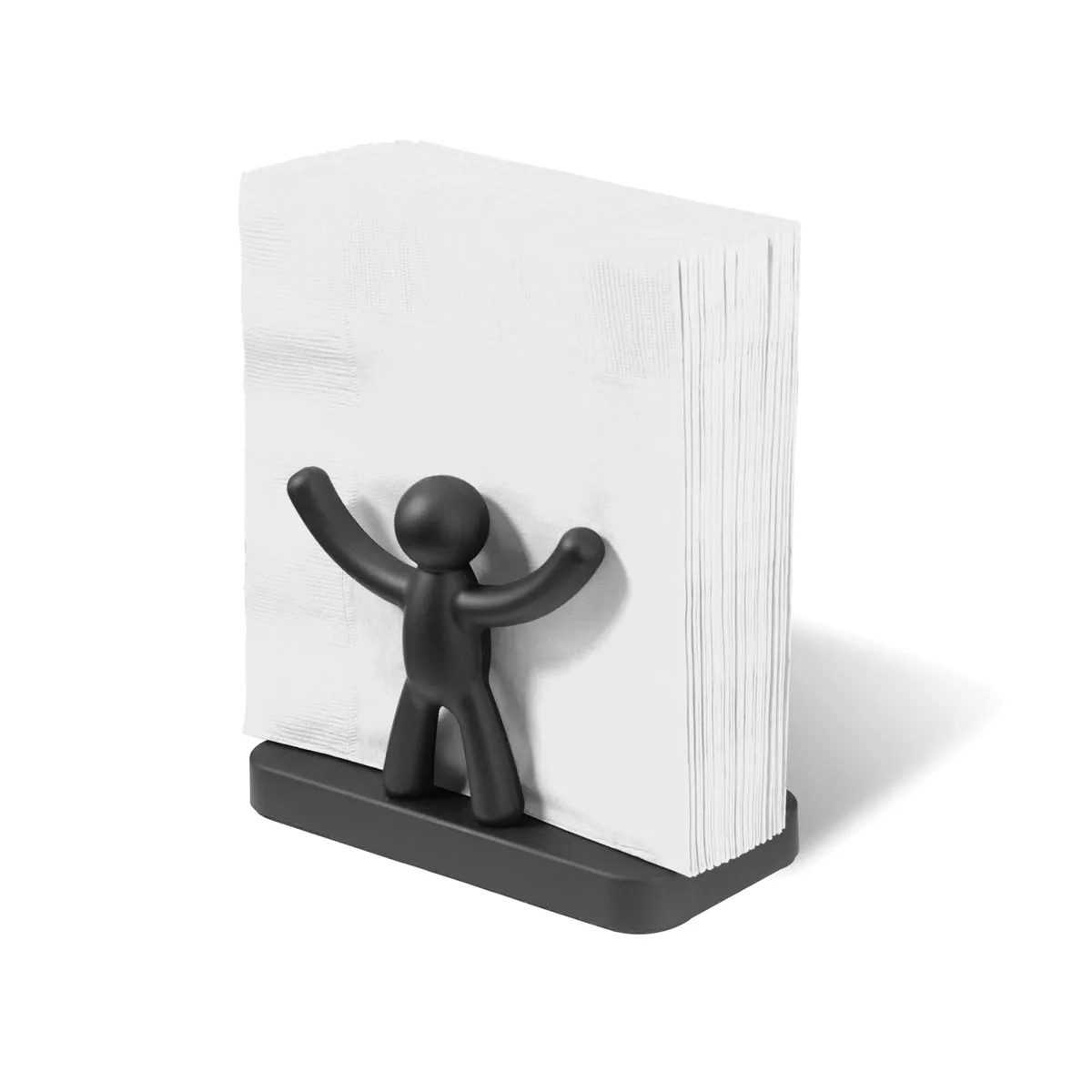 Black napkin holder with molded standing figures, soft-touch finish, holds various napkin sizes