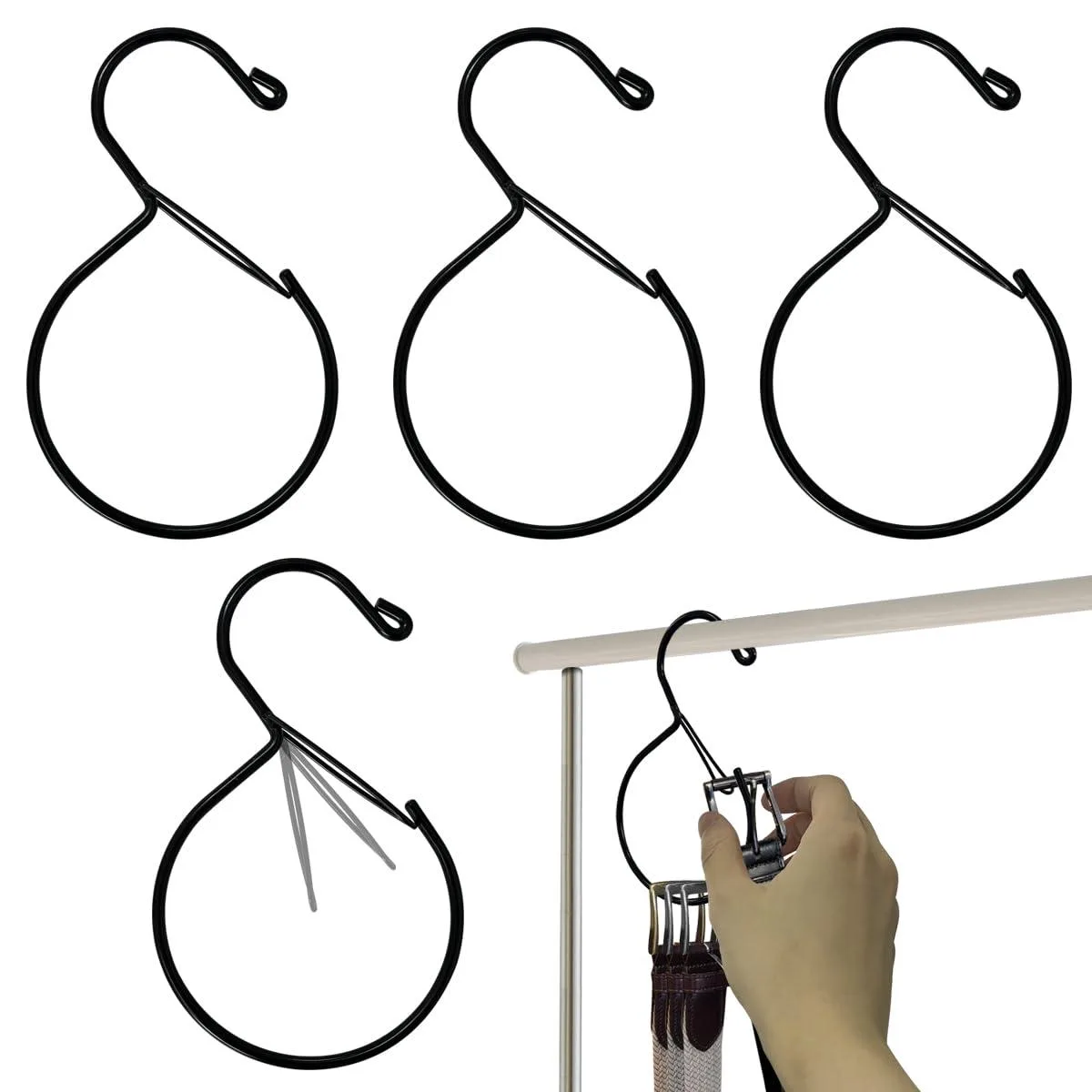 Four metal belt hangers with open-loop clasps and S-hooks, silver finish