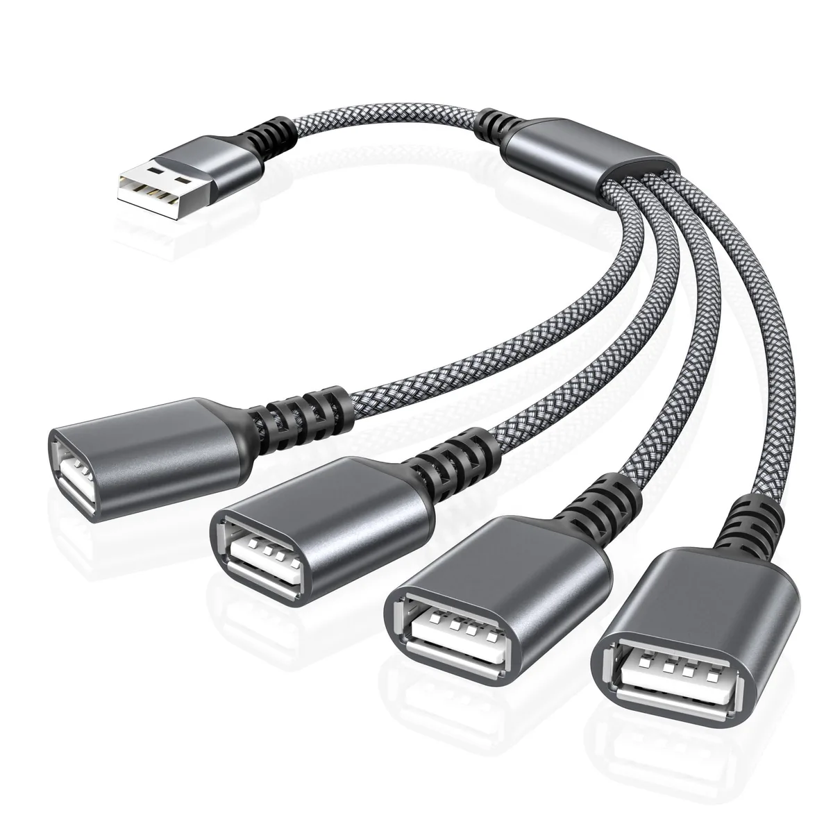 Gray USB-A male plug splitting into four short USB-A female ports on a braided cable