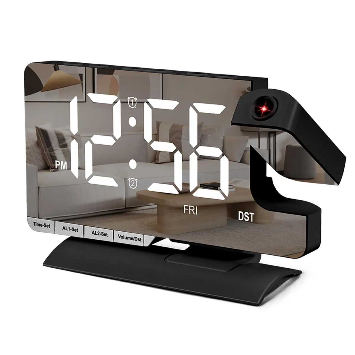 Black rectangular digital clock with 7.3 inch mirror display and rotating projector on top