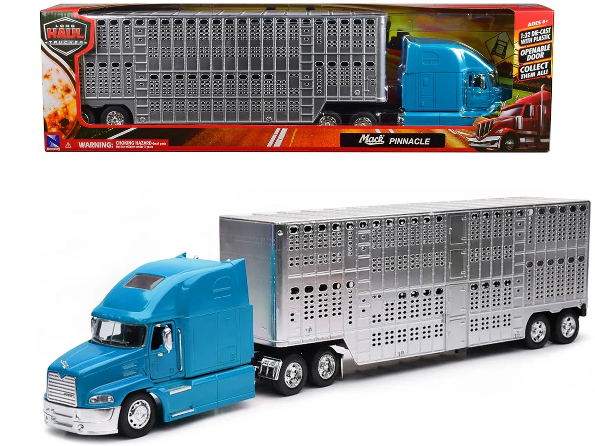 New Ray Toys New Ray Toys Mack Pinnacle Pot Belly Livestock Trailer Blue Chrome 1/32 Diecast — product photo
