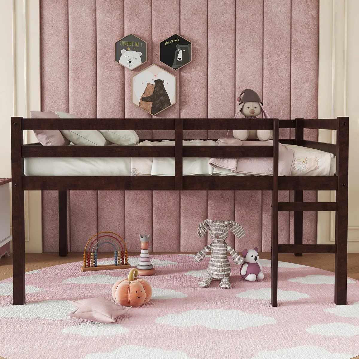 Espresso finished rubber wood loft bed with integrated ladder