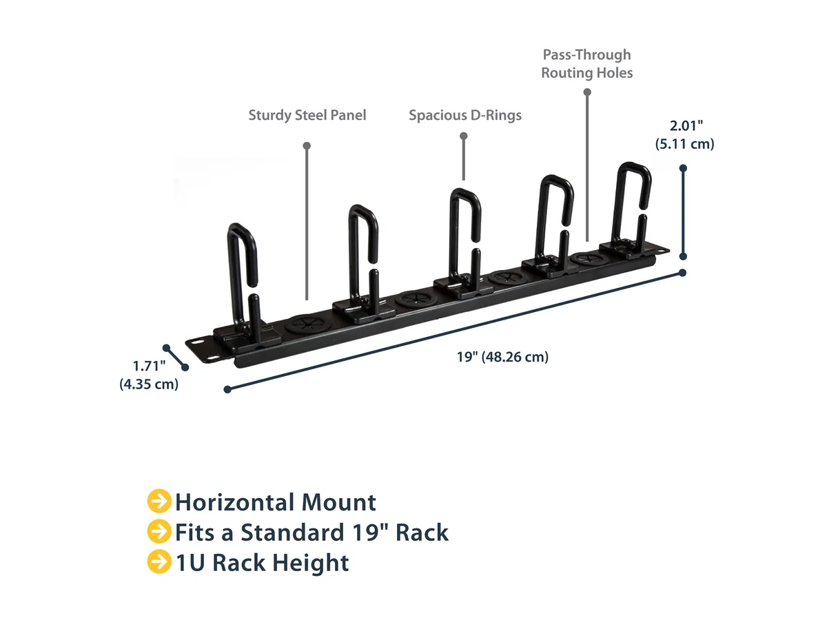 Black 1U horizontal cable management panel with pass-through holes and D-rings