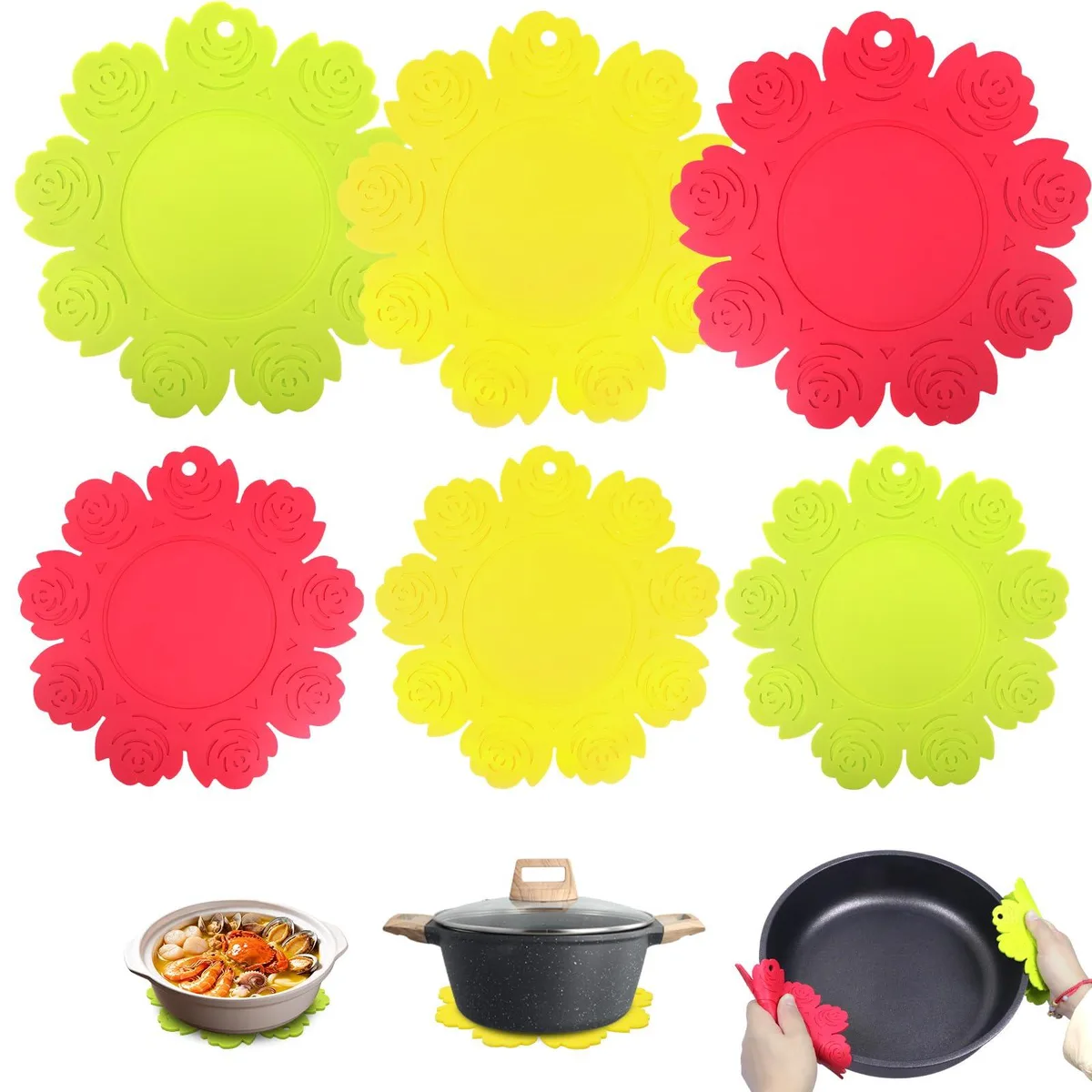 Six silicone trivet mats in floral patterns, three 6.1 inch and three 7.5 inch