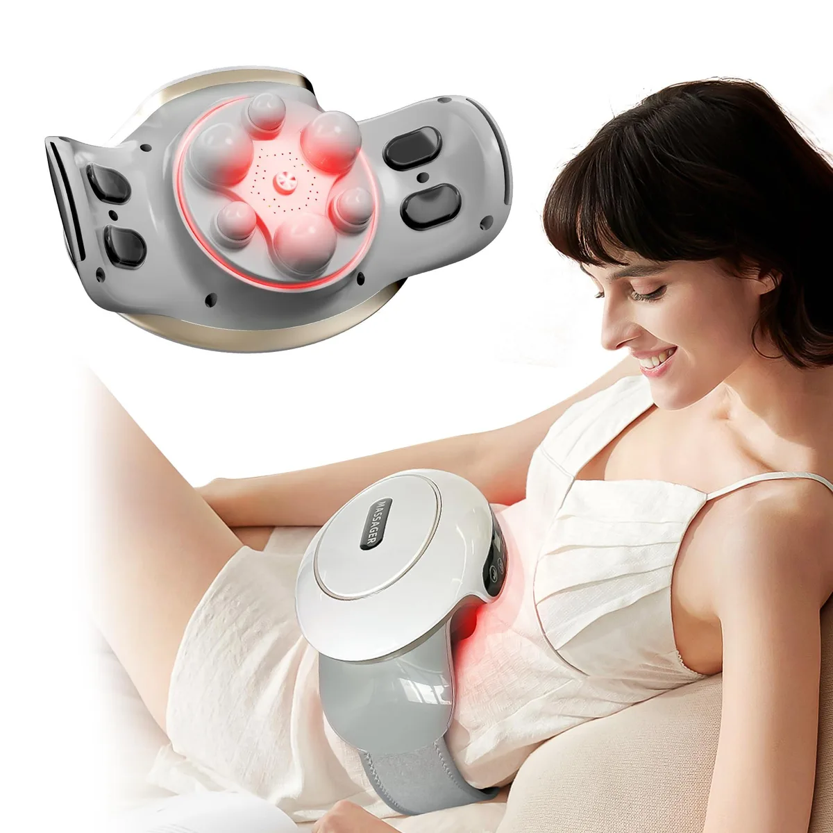 Blue handheld electric abdominal massager with curved body