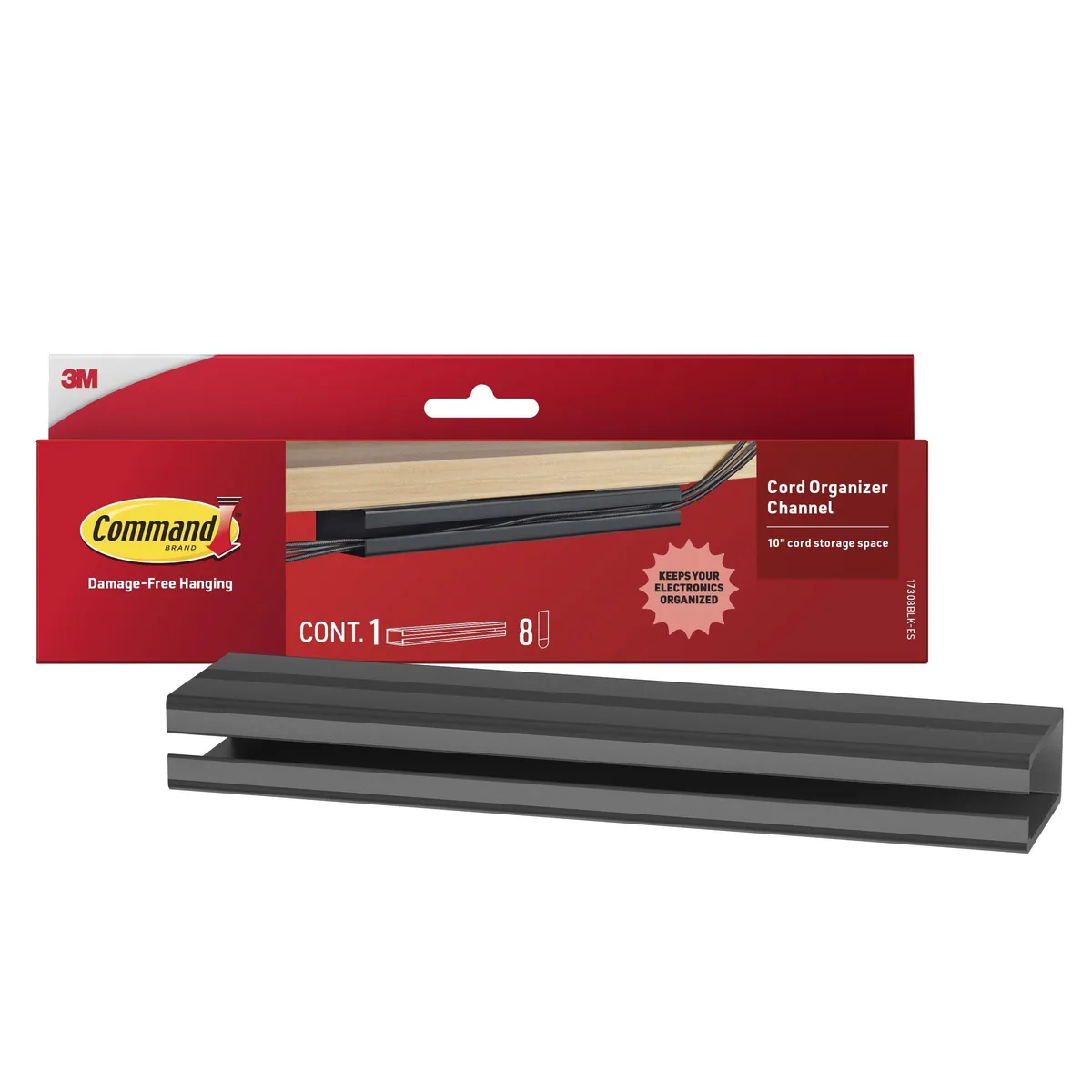 Black plastic cord channel 1.2 by 10.1 inches with eight adhesive strips