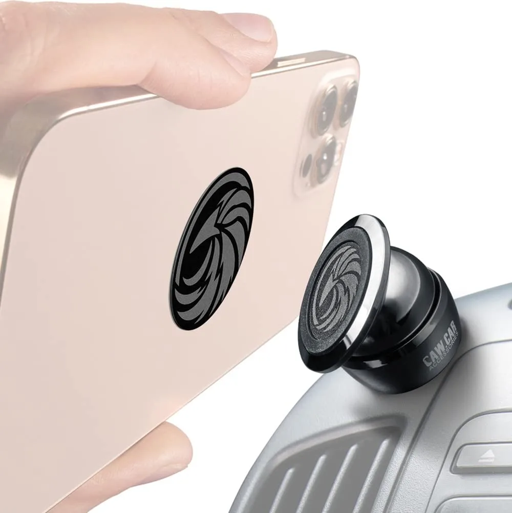 Small rectangular aluminium dashboard phone mount in black chrome finish