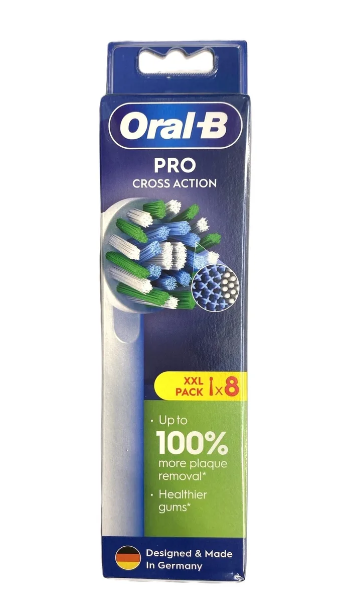 Eight white Oral-B CrossAction brush heads in a slim mailbox pack