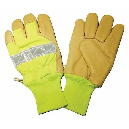 Pair of lime leather work gloves with knit wrist cuffs and wing thumb design