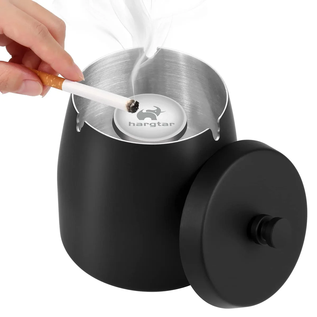 Small round stainless steel ashtray with lid, 3.2 by 3.7 inches