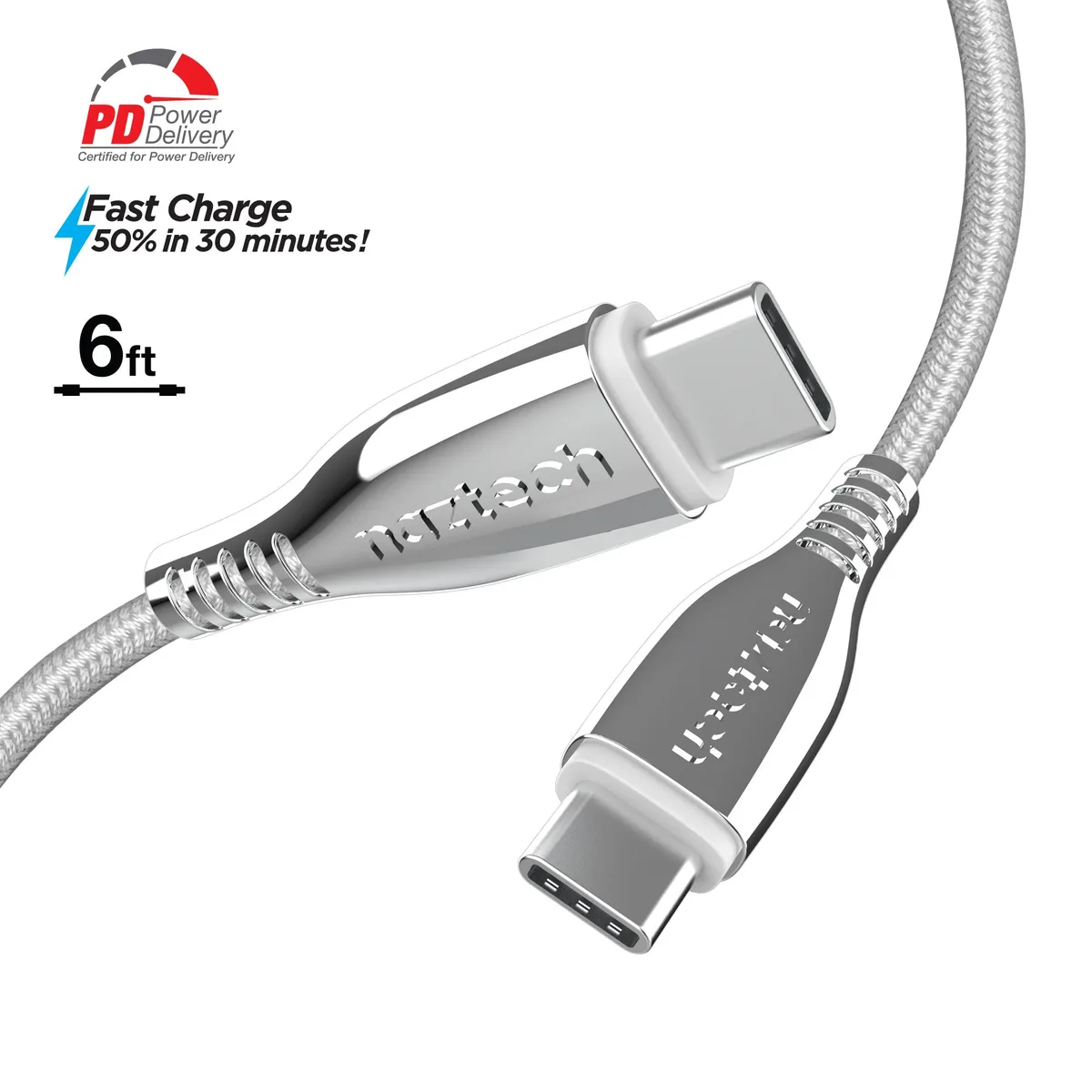 Naztech Naztech Titanium USB-C to USB-C Braided Cable 6ft 60W White — product photo