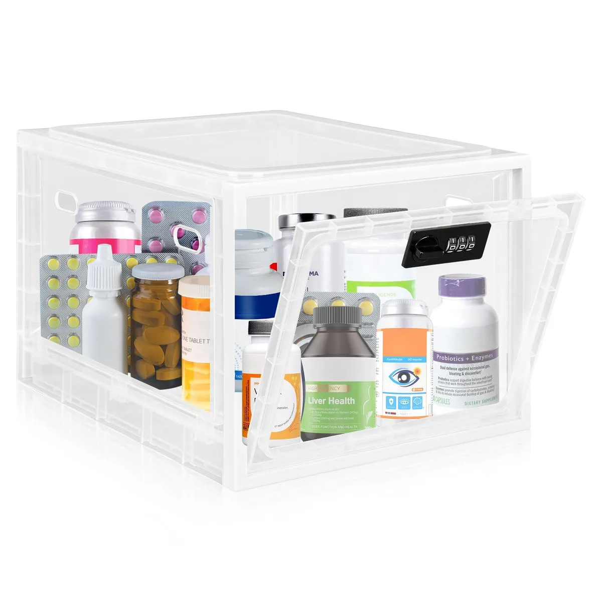 Black lockable storage box with clear sides and combination lock, 11.4 by 9 by 7.5 inches