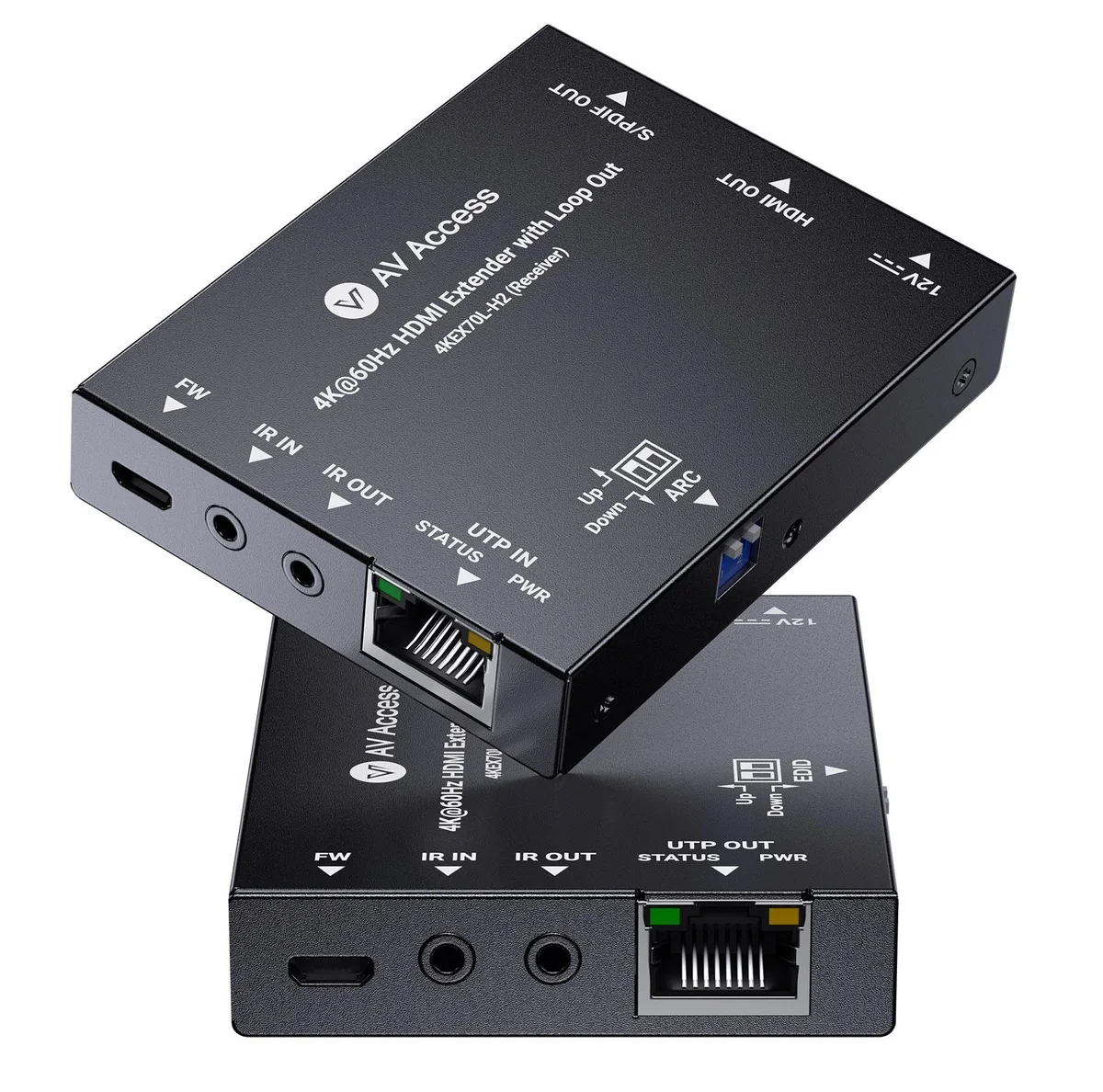 v AV Access AV Access 4KEX70L-H2 4K 60Hz HDMI extender 70m Cat6/7 loop out PoC bi-directional IR EDID ARC switch — product photo