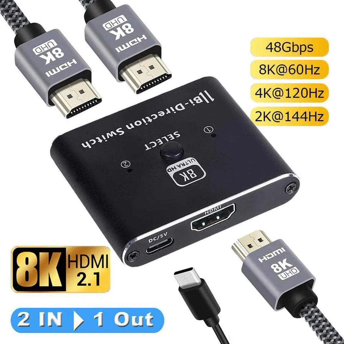 Vszerda Vszerda 8K 60Hz 4K 120Hz HDMI 2.1 Switch Splitter 2 in 1 Out 1 in 2 Out — product photo