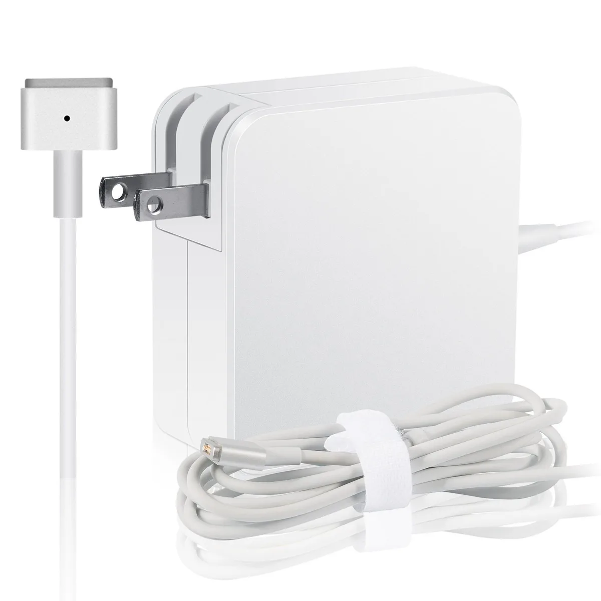 White rectangular power brick with magnetic T-tip connector and detachable AC plug