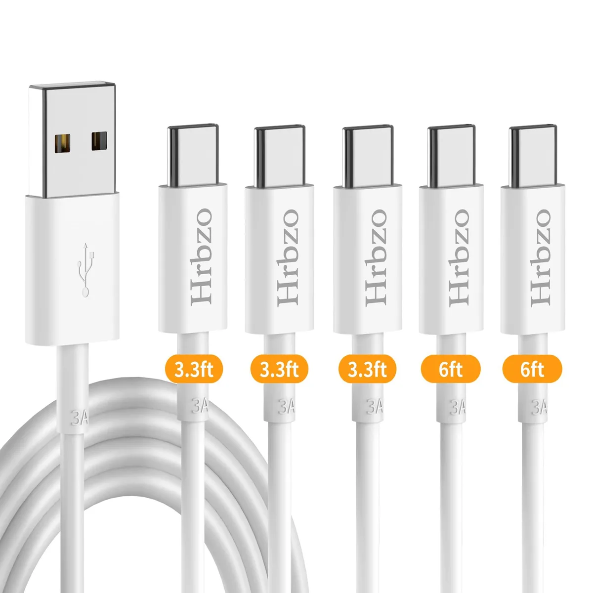 Five white USB-A to USB-C cables, three short and two long, aluminum connectors, tangle-free design