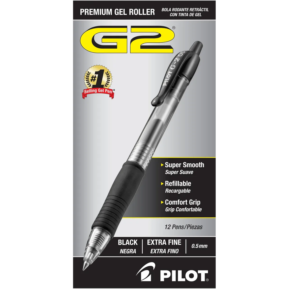 Retractable gel pen with contoured rubber grip, black ink, extra fine point