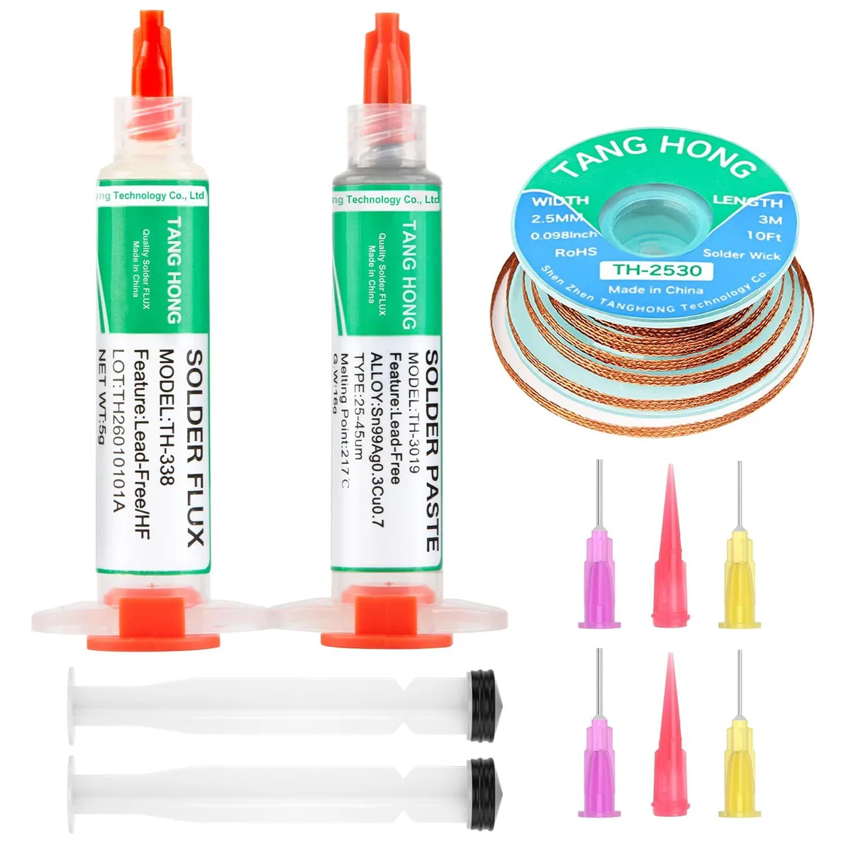 TH-338 soldering kit box with flux paste, solder paste and 10ft desoldering wick braid