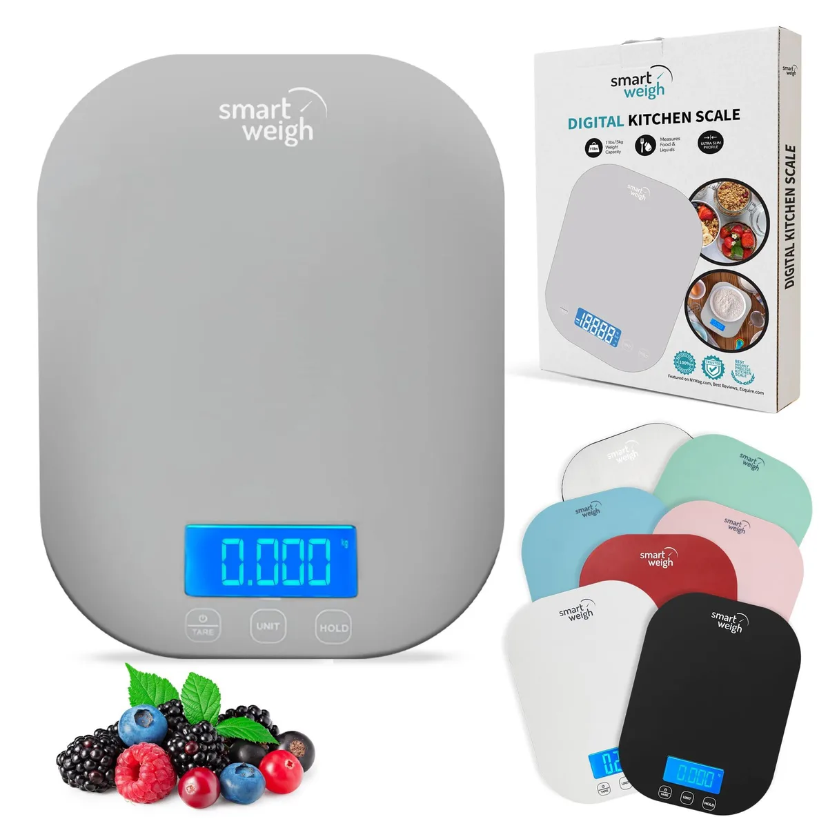 Gray stainless steel digital kitchen scale with backlit LCD display on flat rectangular platform