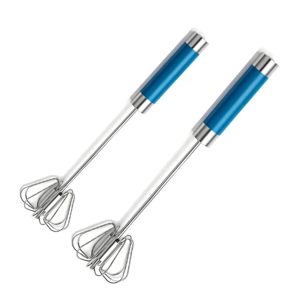Two blue stainless steel semi-automatic whisks, 10 and 12 inch, hollow handles