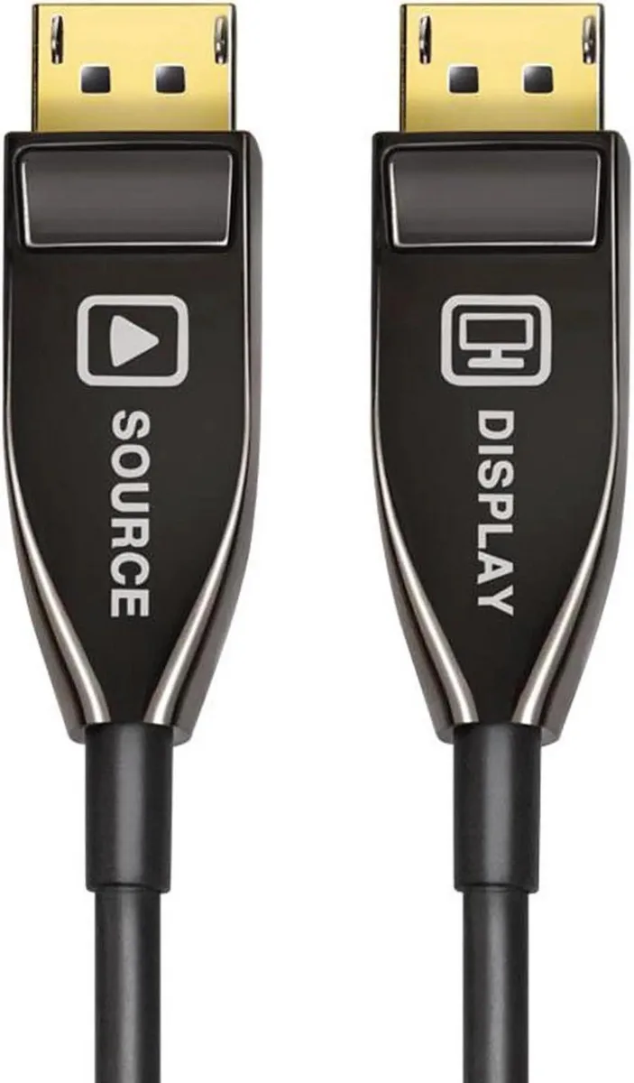 Black fiber-optic DisplayPort cable with male connectors at both ends, 25 metres long