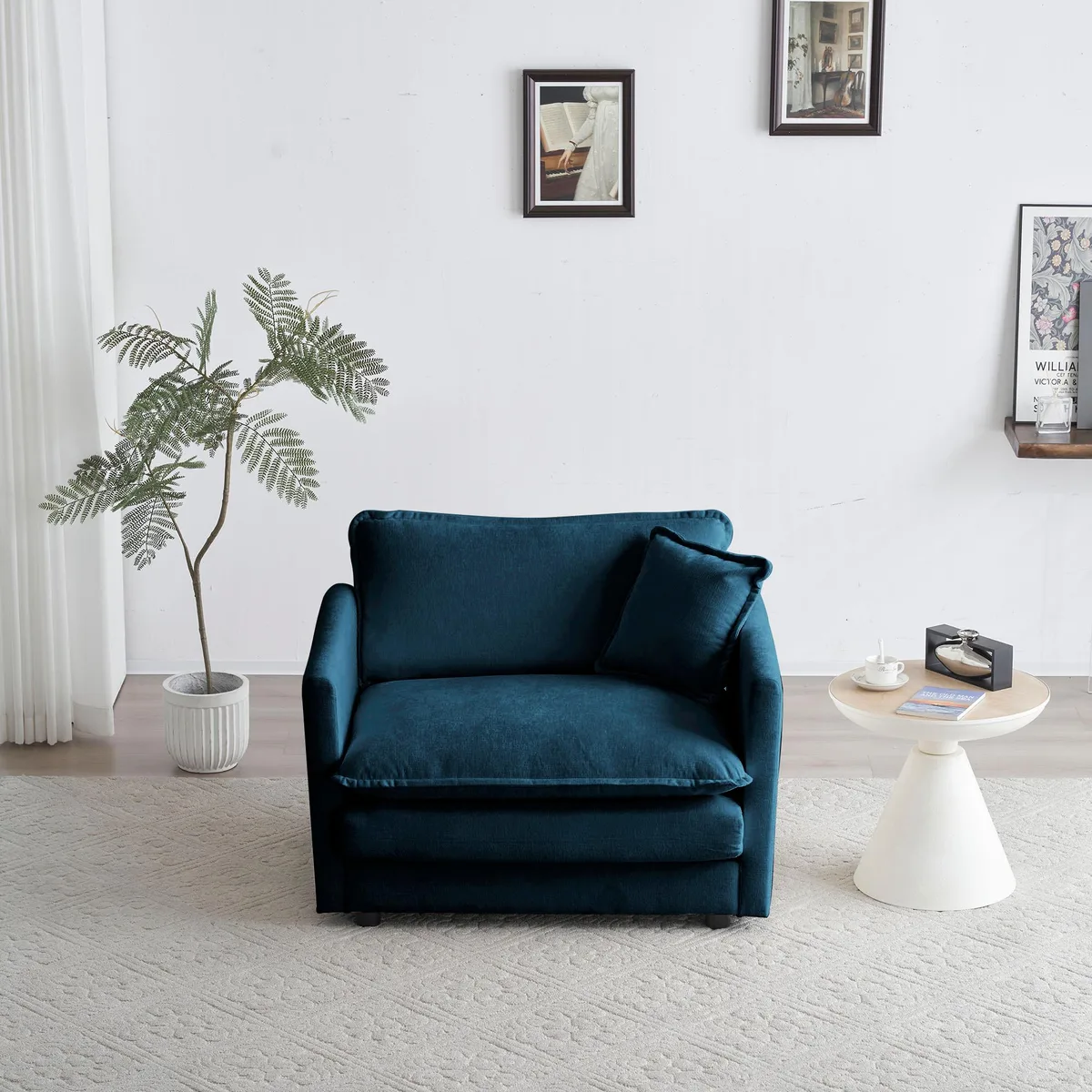 Blue chenille single-seat sofa with one toss pillow
