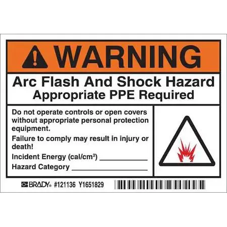 Black vinyl arc flash warning label, rectangular, pack of five