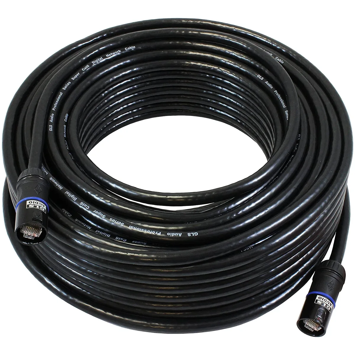 Blue Cat6 cable with black Ethercon-compatible RJ45 connectors, 100ft length