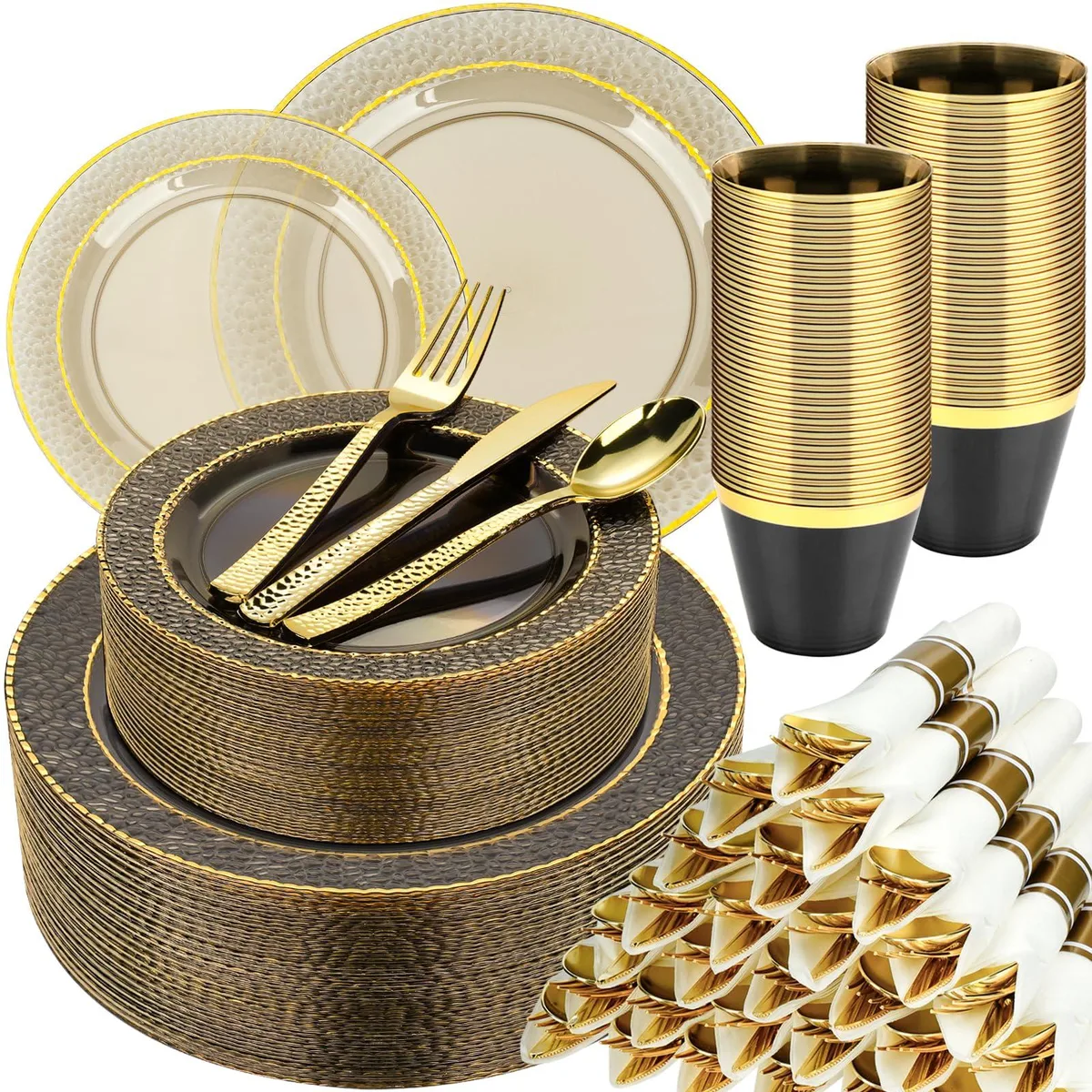 Boxed set of clear black plastic plates, gold cutlery, napkins and cups for 50 guests