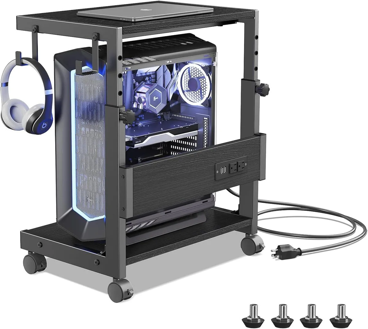 Mobile CPU stand on four locking caster wheels with power outlets and USB ports on top shelf