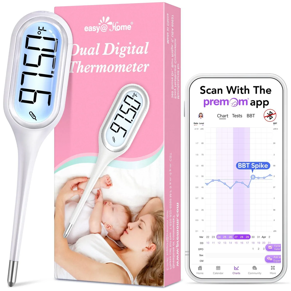 Pink digital basal thermometer with large LCD display