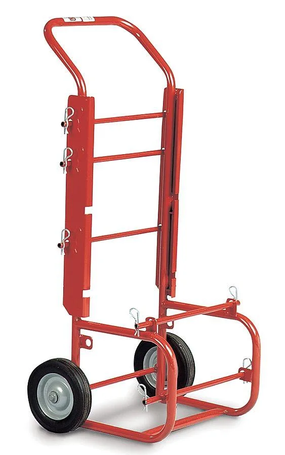 Red powder-coated steel wire spool cart with five spindles and two wheels