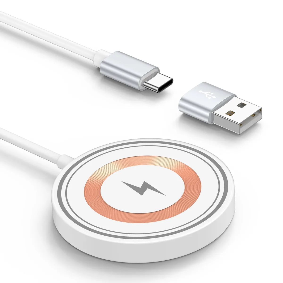 Flat circular charging pad with magnetic alignment ring, matte dark finish, USB-C cable attached