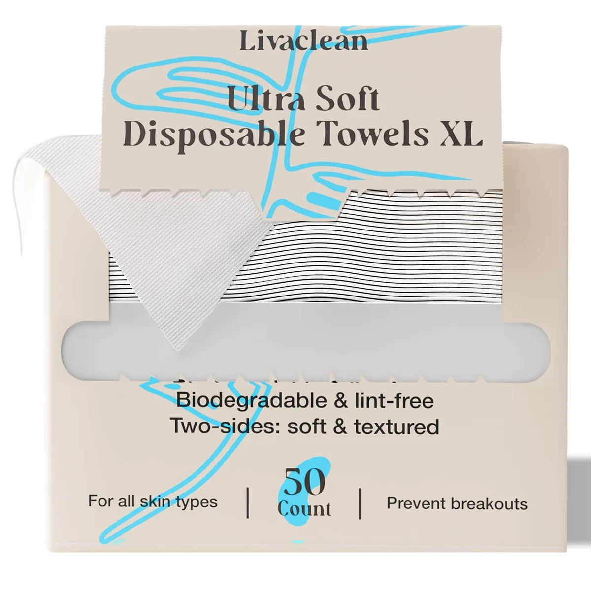 White disposable face towels in a rectangular pack, 50 count