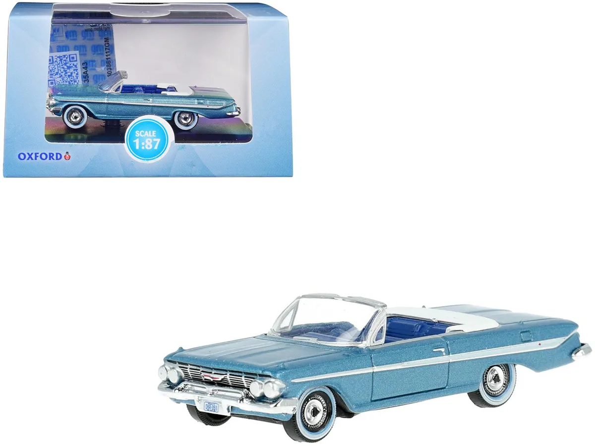 Oxford Diecast Oxford Diecast 1961 Chevrolet Impala Convertible Jewel Blue Met. &amp; White 1/87 Scale Hobby Collectible — product photo