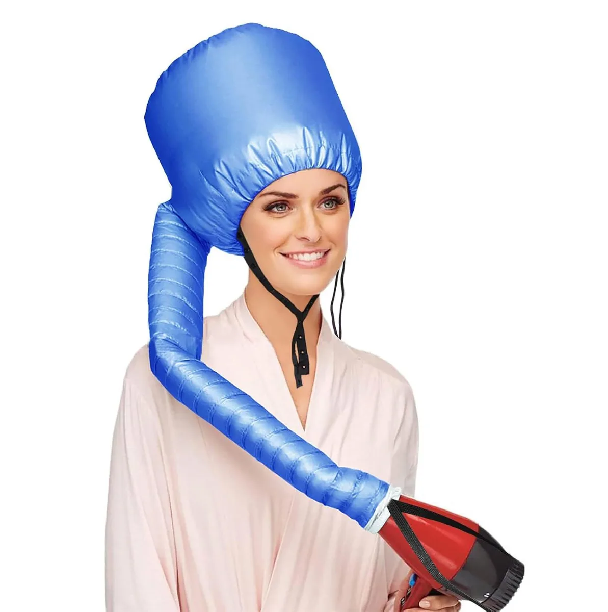 Soft nylon bonnet with drawstring chin strap and 31.5 inch flexible hose attachment