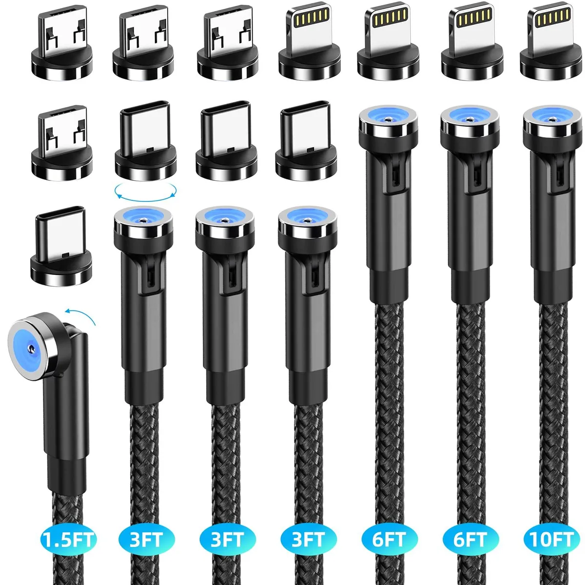  Ankndo 7-Pack Magnetic Charging Cable 540° Rotating 3-in-1 USB Black — product photo