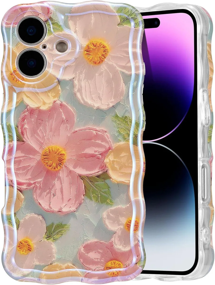 Green iPhone 16 case with retro oil-painting floral print, glossy wave edges, slim TPU body