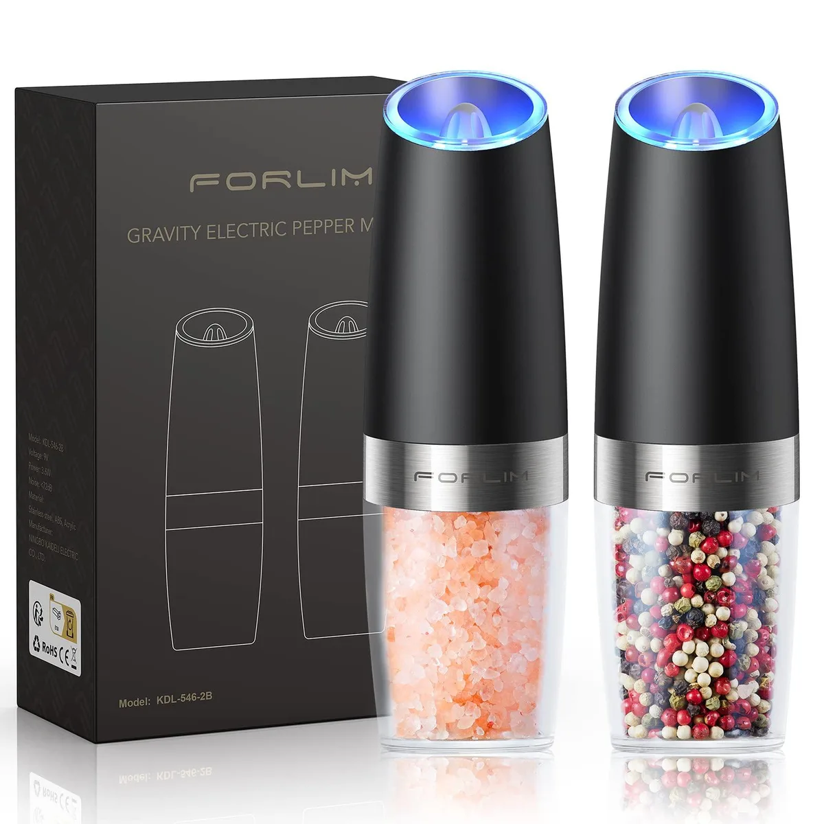 Pair of silver gravity electric grinders with bamboo accents and blue LED lights