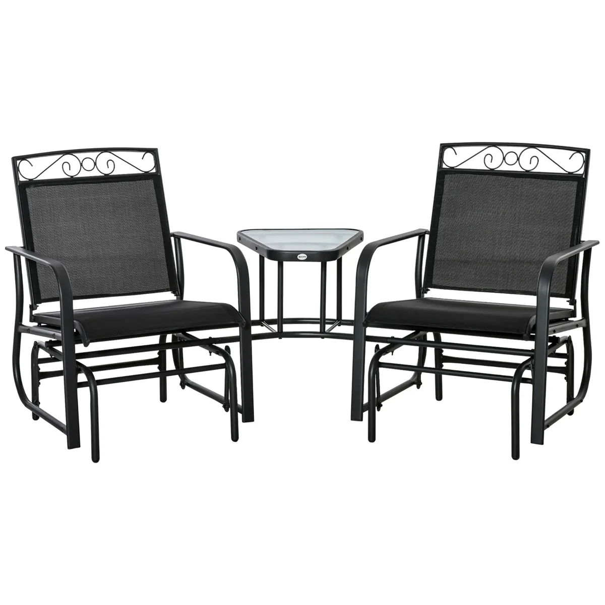 Black steel two-seat glider with centre table and sling seats
