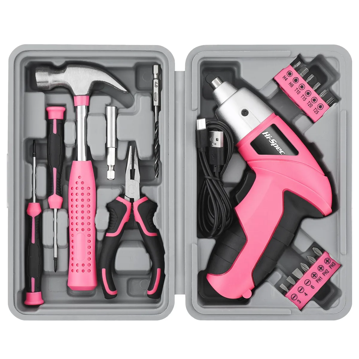 Pink cordless screwdriver in 19-piece kit with bits and hand tools in a portable case