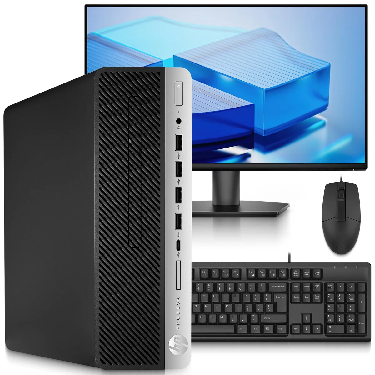 HP HP 600 G5 SFF desktop PC Intel Core i5-9500 8GB DDR4 256GB SSD Windows 11 Pro 24 inch monitor — product photo