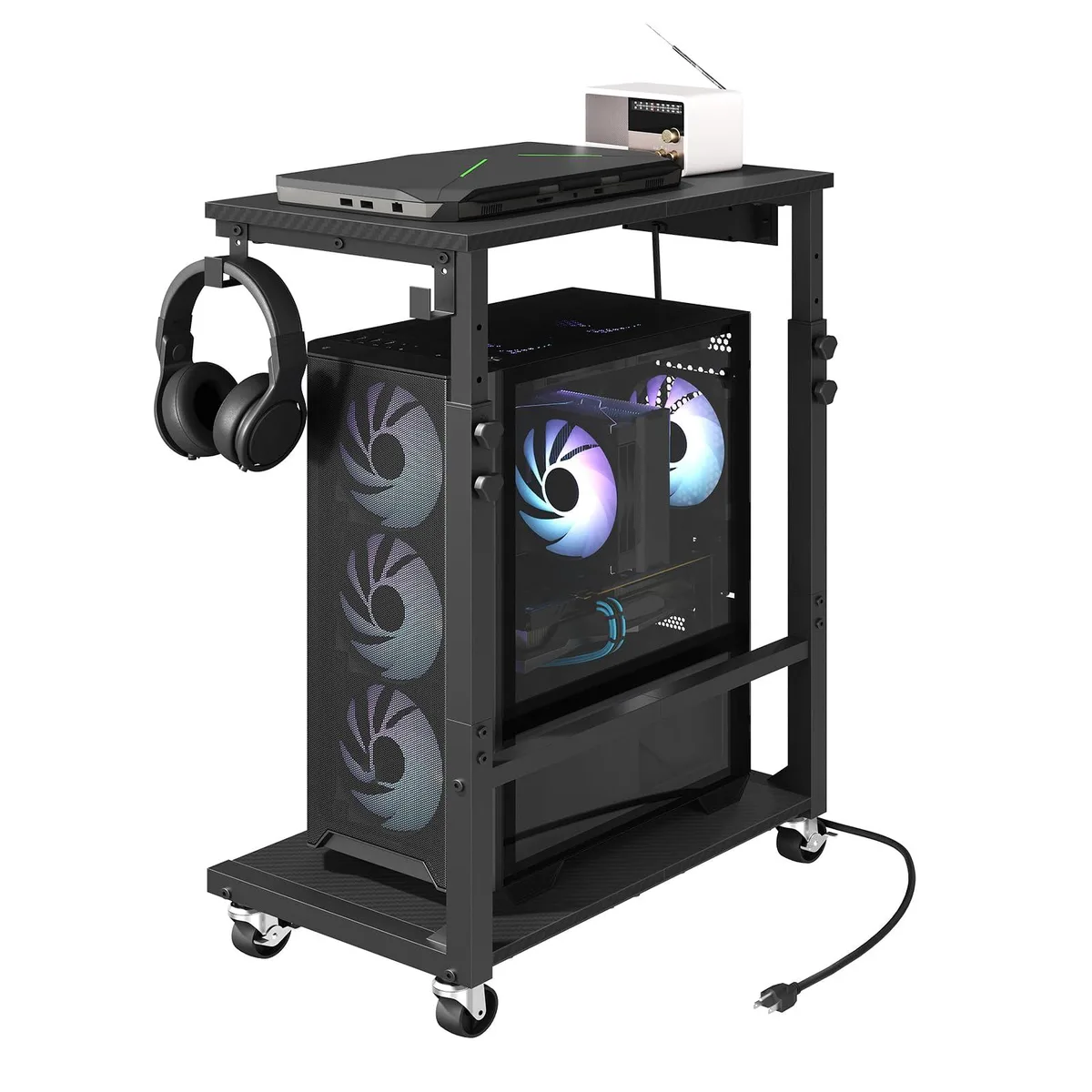 Black mobile PC tower stand on four casters with side-mounted power strip, headphone hooks and carbon-fibre textured shelves