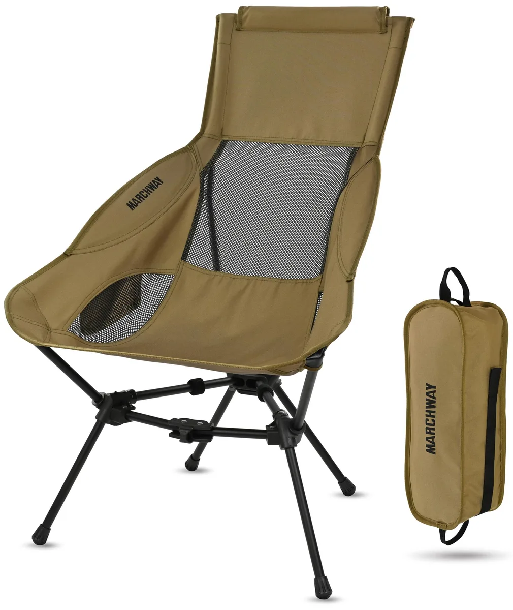 Khaki high-back folding camp chair with triangular frame and head support