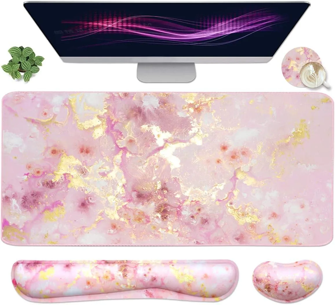 Kenuco Kenuco 4-in-1 Desk Pad Set Pink Gold Marble 35.4 × 15.75 inch — product photo