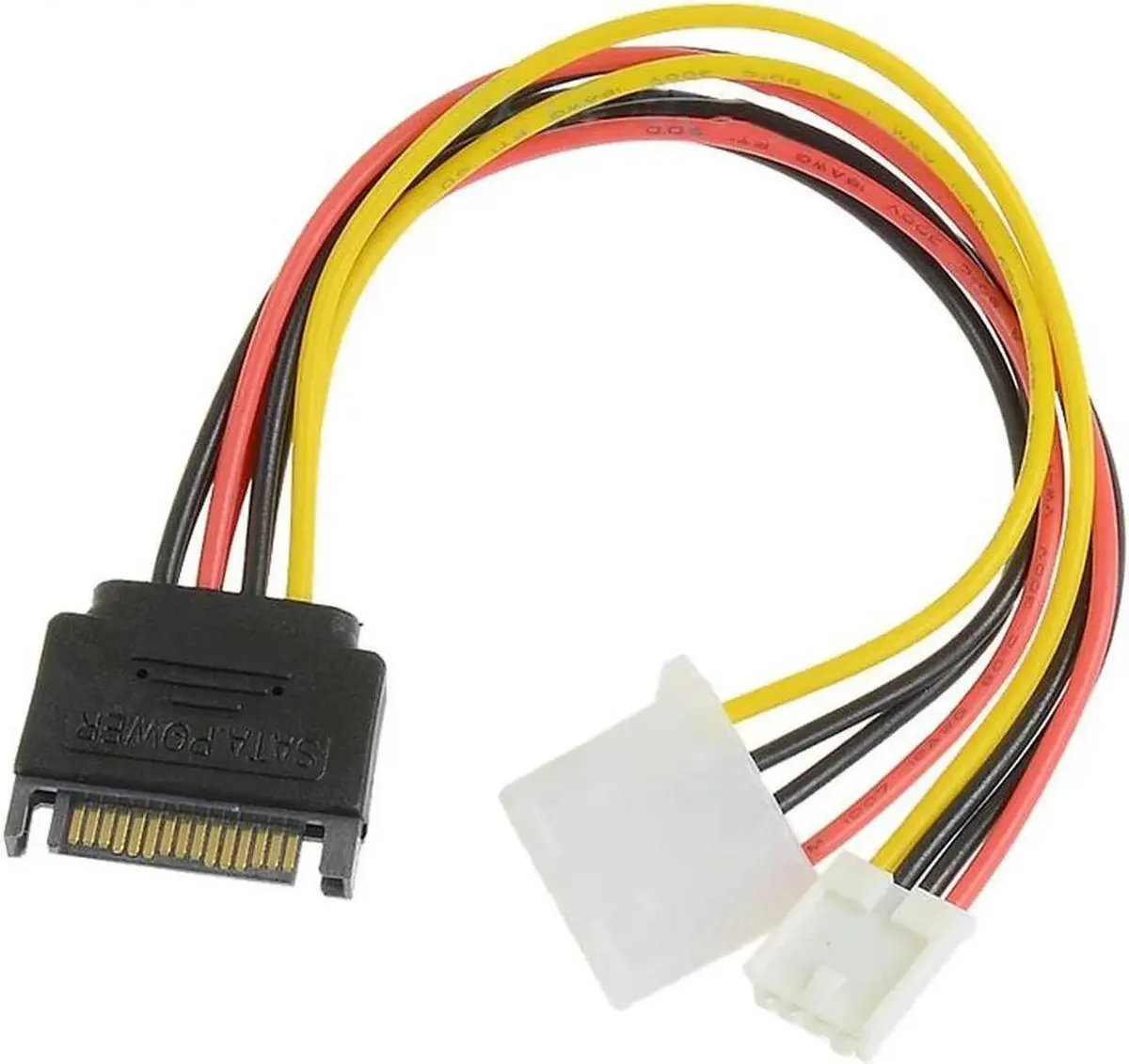Y-splitter cable with SATA 15-pin male to dual 4-pin Molex connectors, 18AWG copper, 8 inches